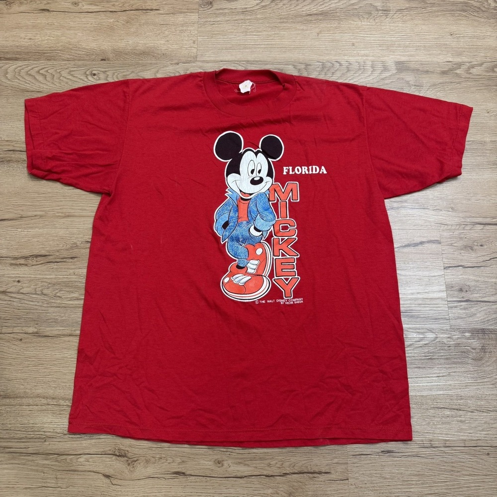 Vintage 80's‎ Walt Disney Mickey Mouse Velva Sheen Florida Red Shirt Size XL